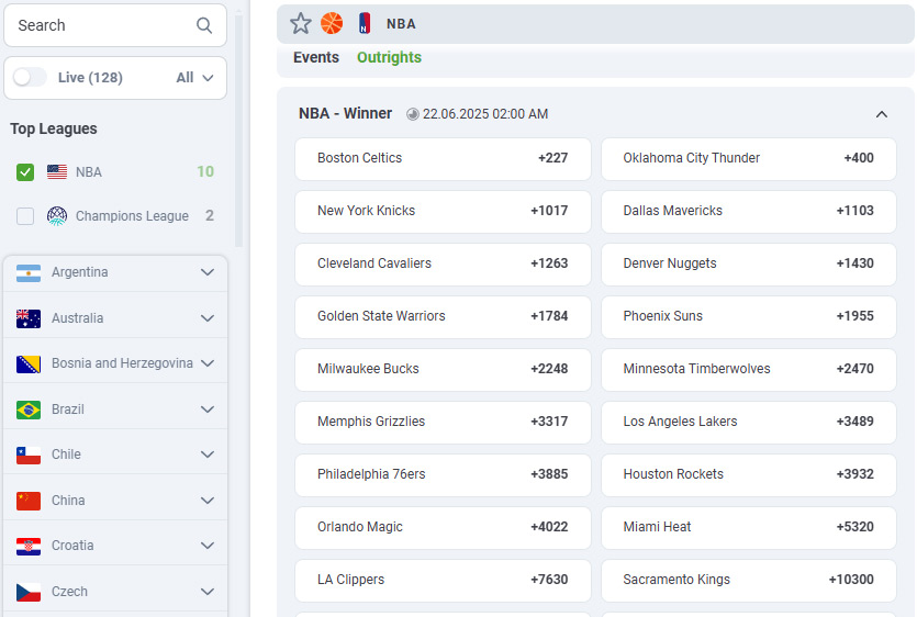 20Bet Sportsbook NBA Winner