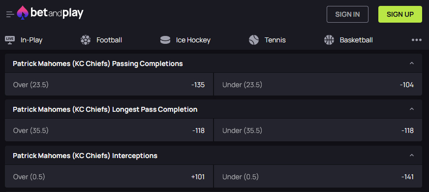 Player bets on Patrick Mahomes at Betandplay
