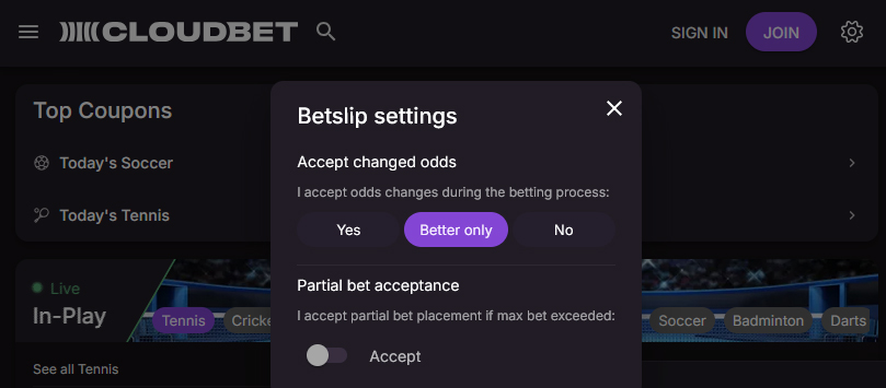 Options for presets at Cloudbet