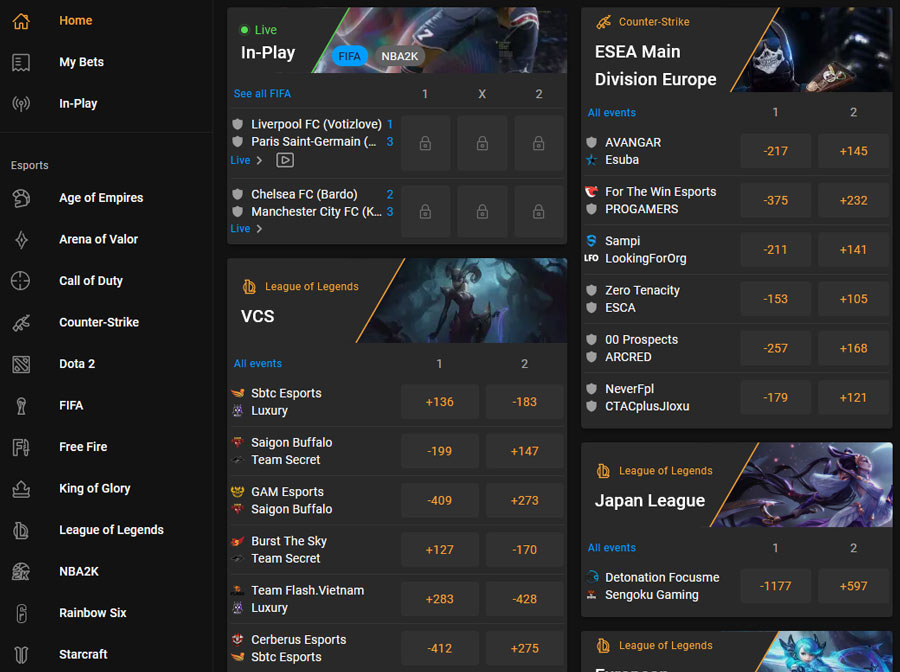 The Esports section at Cloudbet