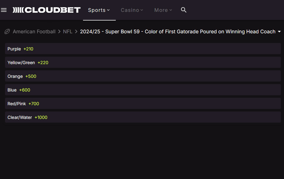 Cloudbet Super Bowl 2025 Gatorade Shower Bet