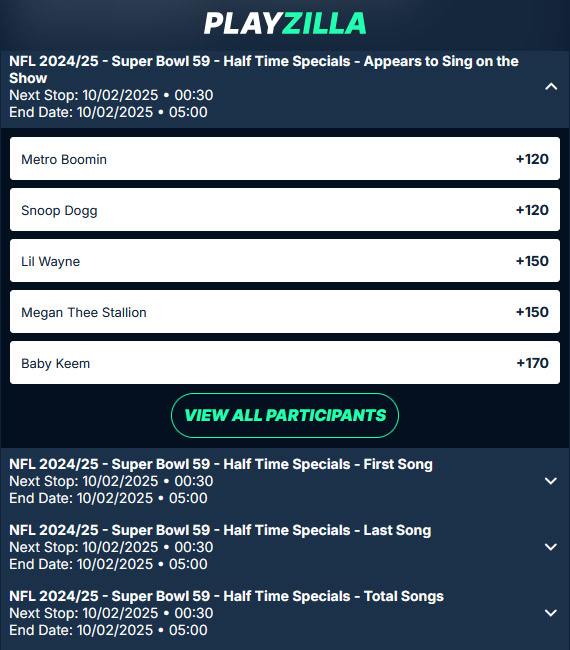 Playzilla Super Bowl 2025 Halftime Show Bets