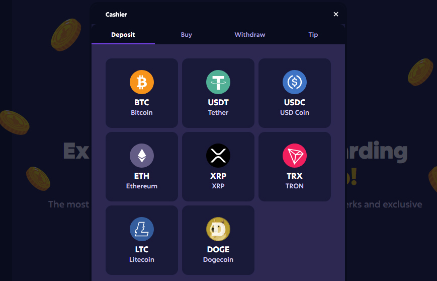 Banking options at Roobet