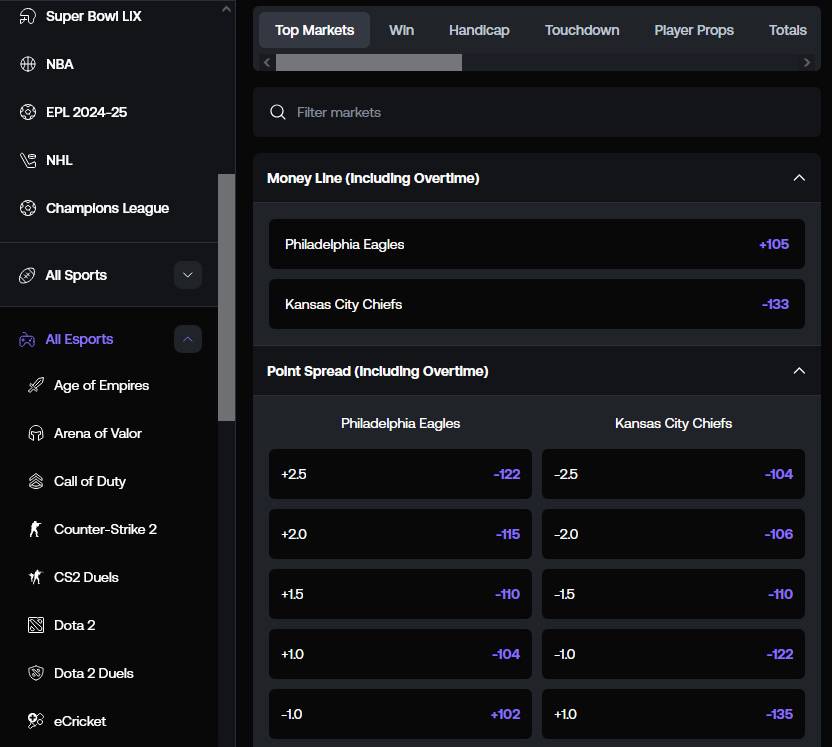 Menu with esports options (on the left) and betting options for the Super Bowl (on the right).