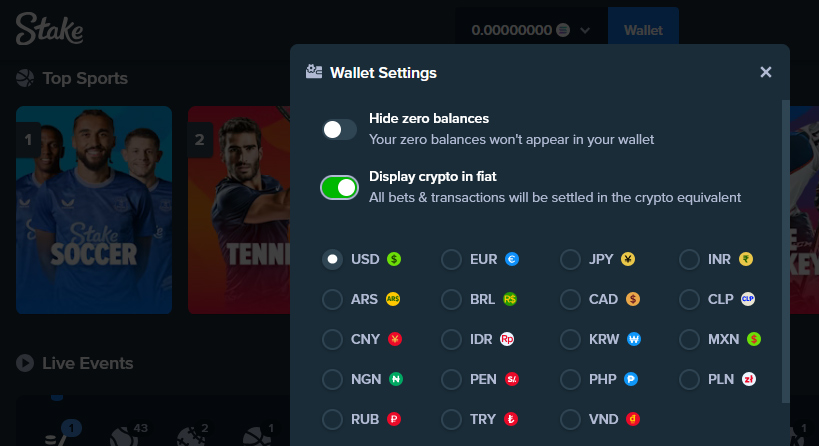 At Stake you can set your wallet to display your balance in fiat.